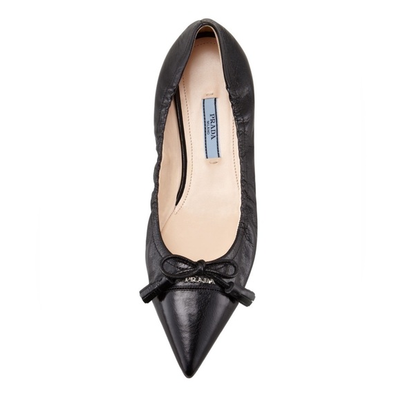 Prada Black Leather Cap toe logo embellish bow tie stretch ballerina flats EU 38 - Picture 1 of 13